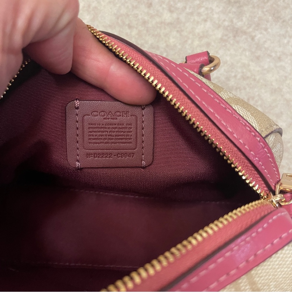 Coach Mini Rowan Signature Tan Canvas Pink Rogue Leather Trim Crossbody Bag - Picture 10 of 17